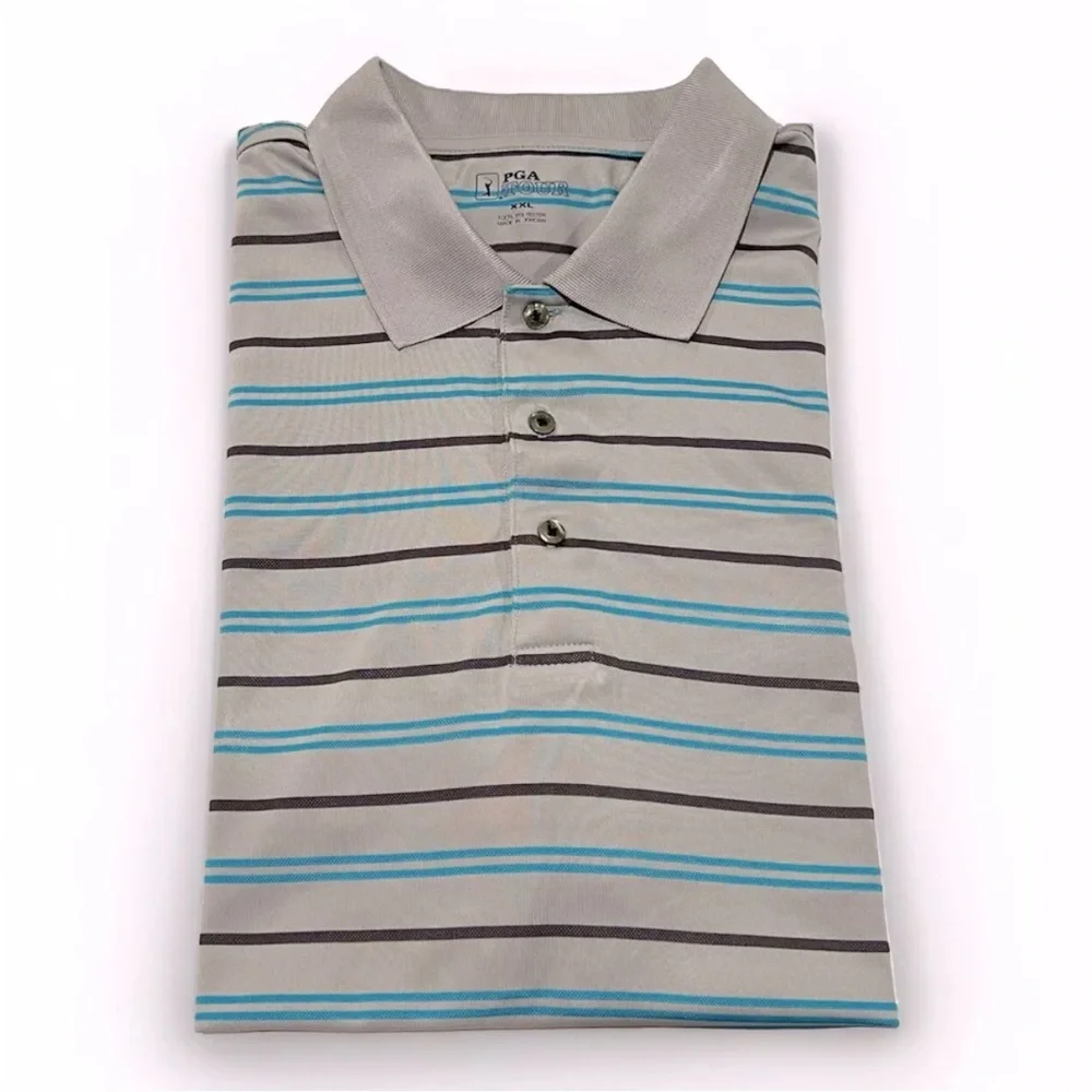 Men’s XXL Golf Polo Shirt Grey Striped Embroidered Short Sleeve PGA Tour - Picture 3 of 5